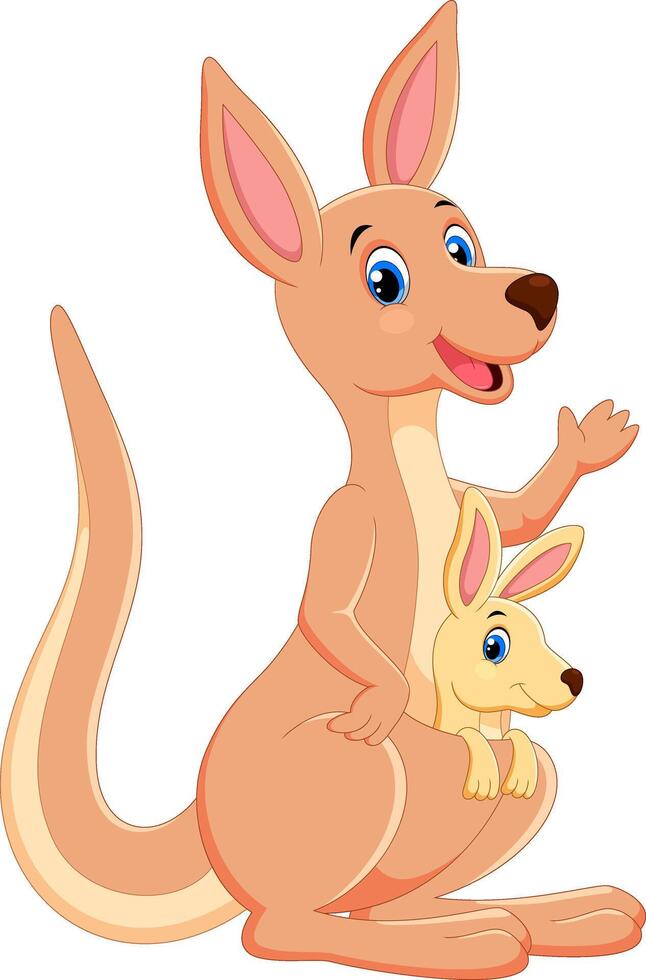 Happy Mother Kangaroo With Her Little Cute Baby Kangaroo. vector