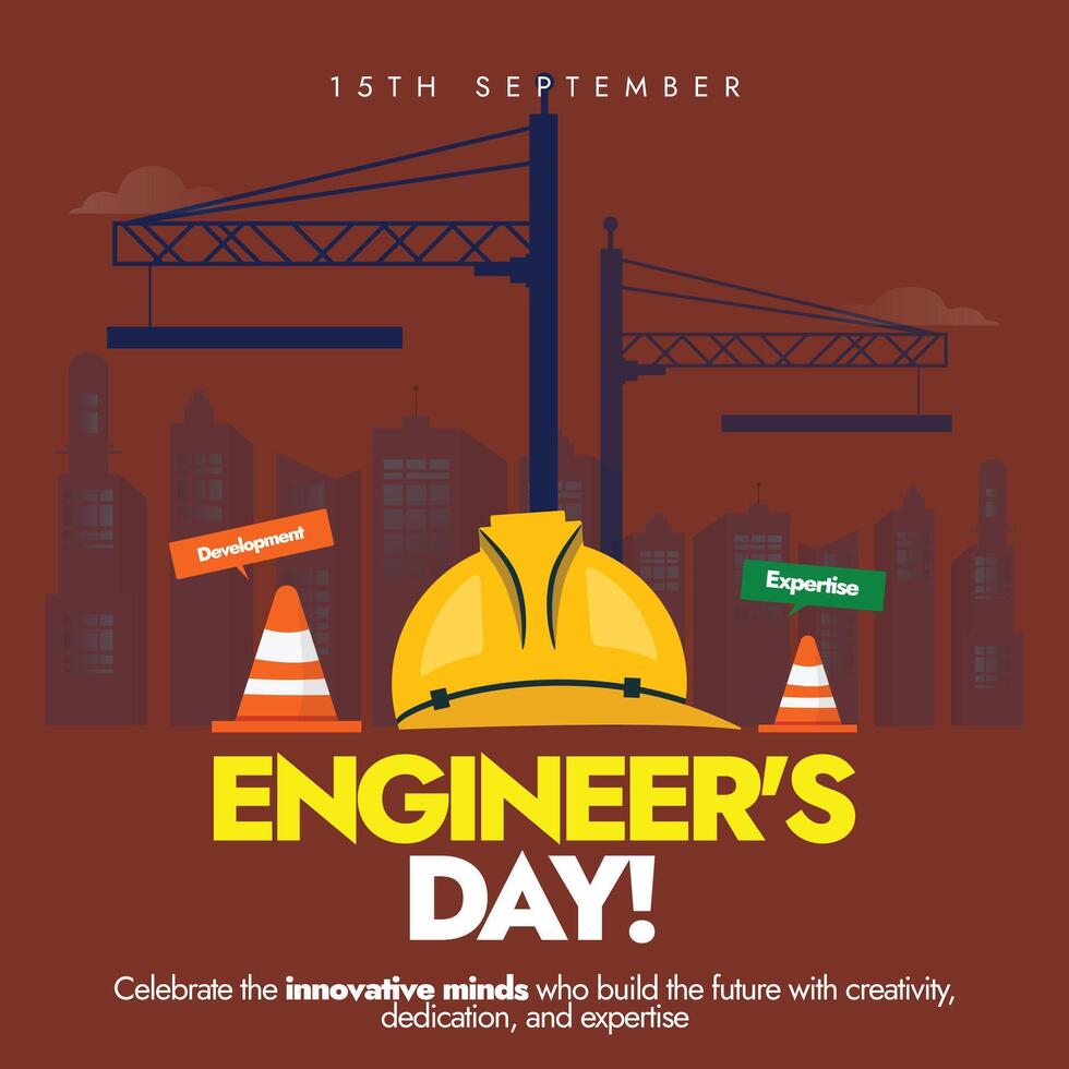World Engineers day banner, social media post with silhouette buildings, cranes, construction, orange cones. 15th September vector