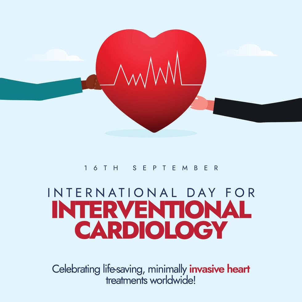 16th September Interventional cardiology day social media banner, post with two hands holding heart, pulse on it. vector