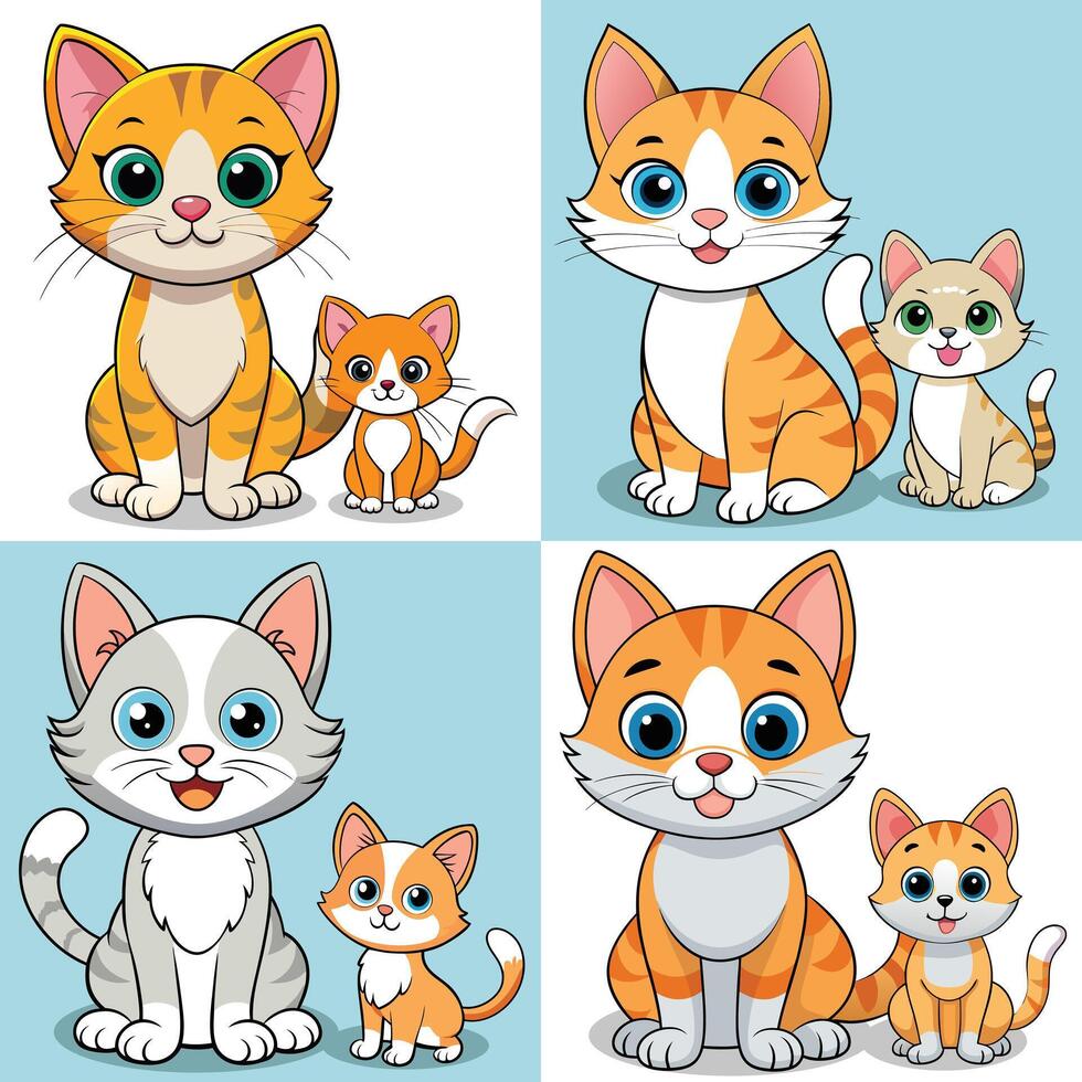 Cute cat and kitten cartoon bundle illustration design vector