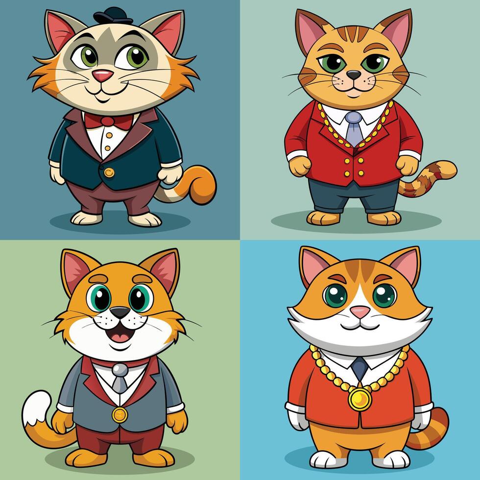 Cute rich cat cartoon bundle. Cat bundle concept isolated premium illustration. Flat cartoon style vector