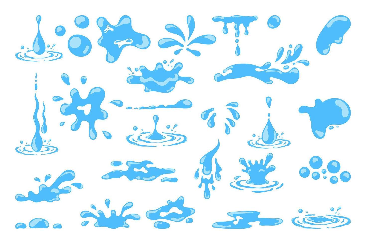 Cartoon blue dripping water drops, splashes, sprays and tears. Liquid flow, wave, stream and puddles. Nature water motion shapes set. Illustration of rain water drop, liquid splash vector