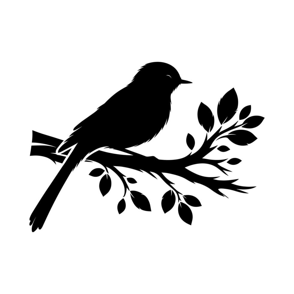Elegant black silhouette of a bird on leafy branch, ideal for nature-themed designs and decor. vector