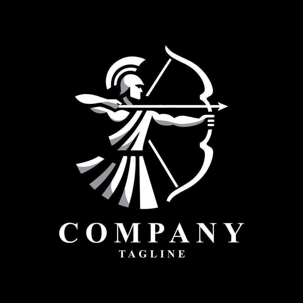 Monochrome archer logo with elegant warrior design, ideal for brand identity. Features a dynamic pose, helmet, and ancient attire, perfect for historical or fantasy themes vector