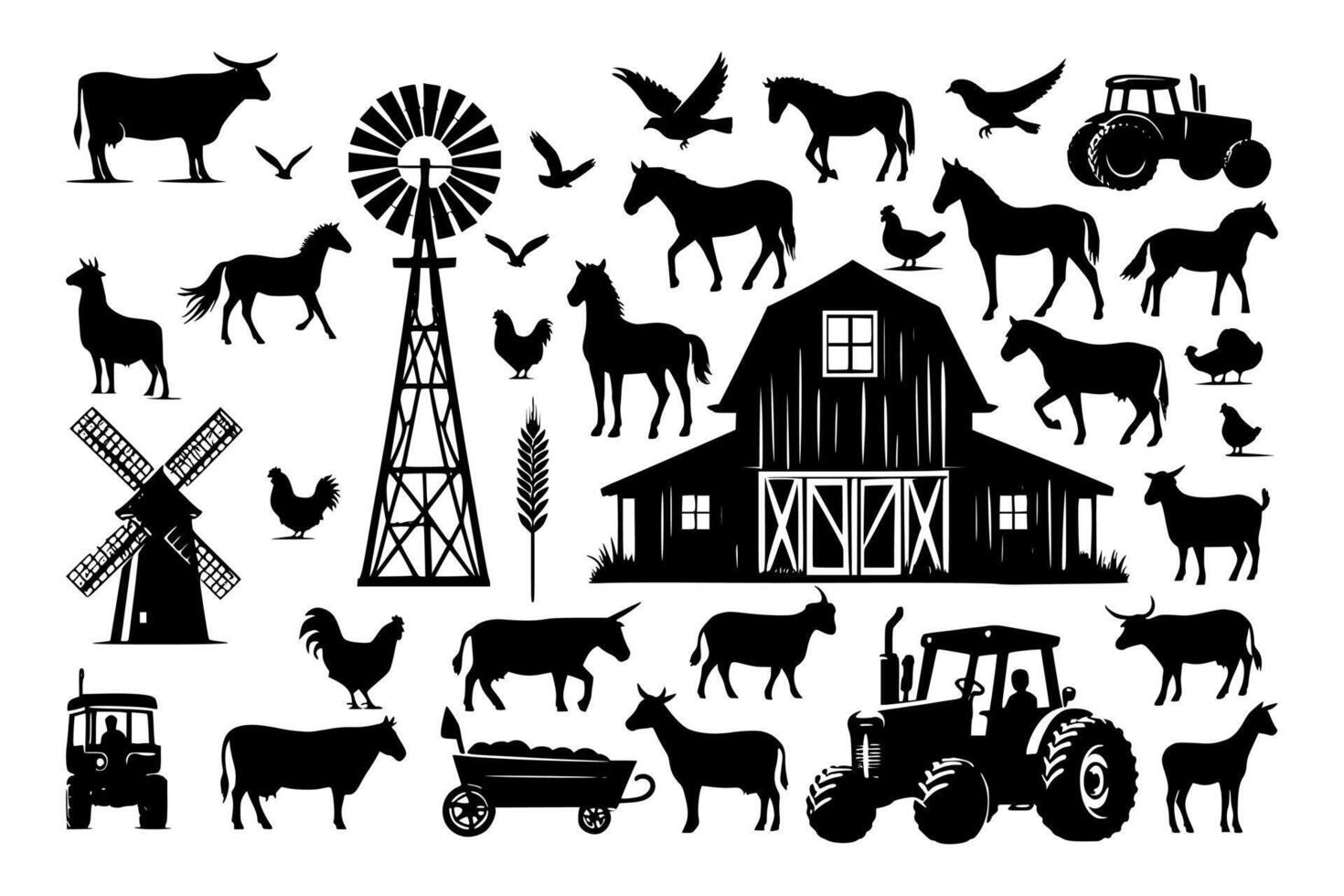 Silhouette set depicting rustic farm life with animals, barns, and agricultural machinery. vector