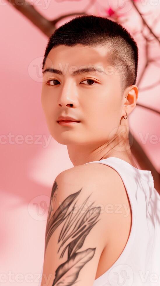 Stylish Young Asian Man with Tattoo in Vibrant Studio Portrait photo