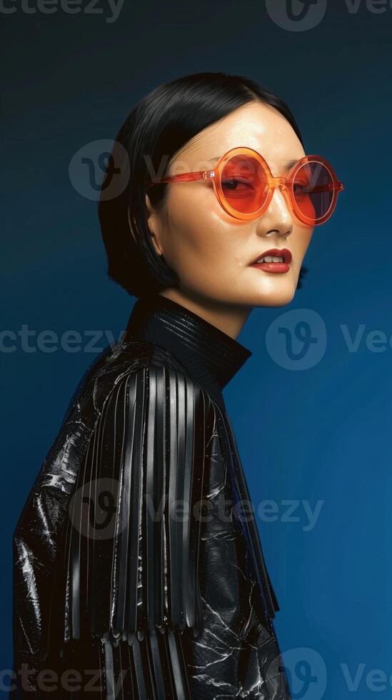 Stylish Asian Woman in Sleek Leather Jacket and Vibrant Sunglasses Posing in Studio photo