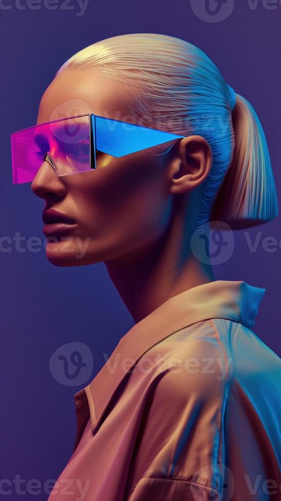 Futuristic Portrait of a Confident and Stylish European Woman in Vibrant Neon Glasses photo