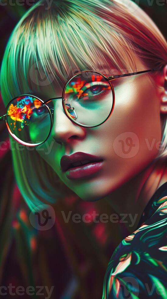 Striking Portrait of a Stylishly Glamorous Woman with Vibrant Neon Makeup and Eyeglasses photo