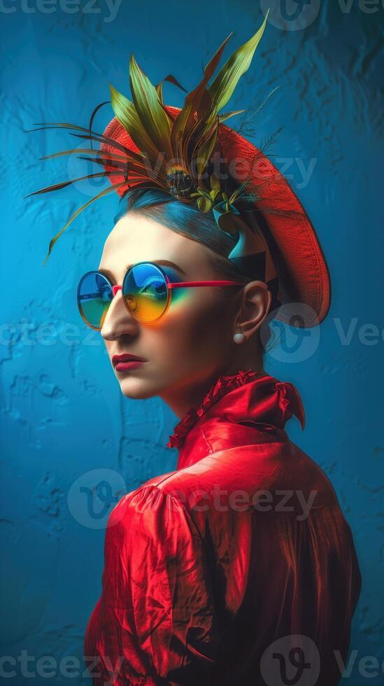 Stylish Woman in Vibrant Headpiece Strikes Confident Pose photo