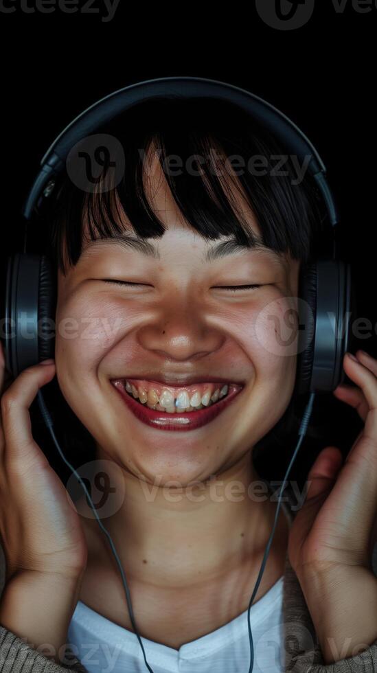 Joyful Young Woman Listening to Music with Headphones on Black Background photo