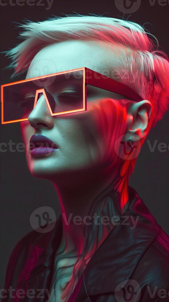 Avant Garde Fashion Portrait of a Bold and Fashionable European in Vibrant Neon Lighting photo