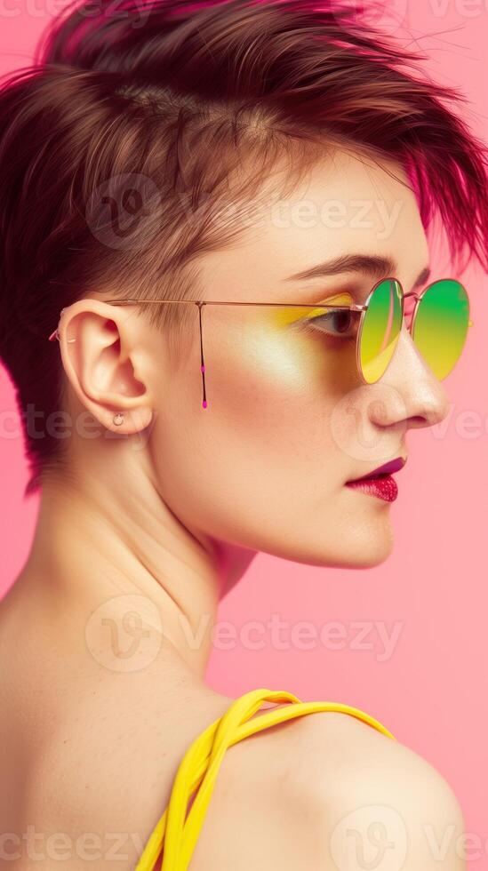 Fashionable North American Woman in Vibrant Portrait with Colorful Sunglasses photo