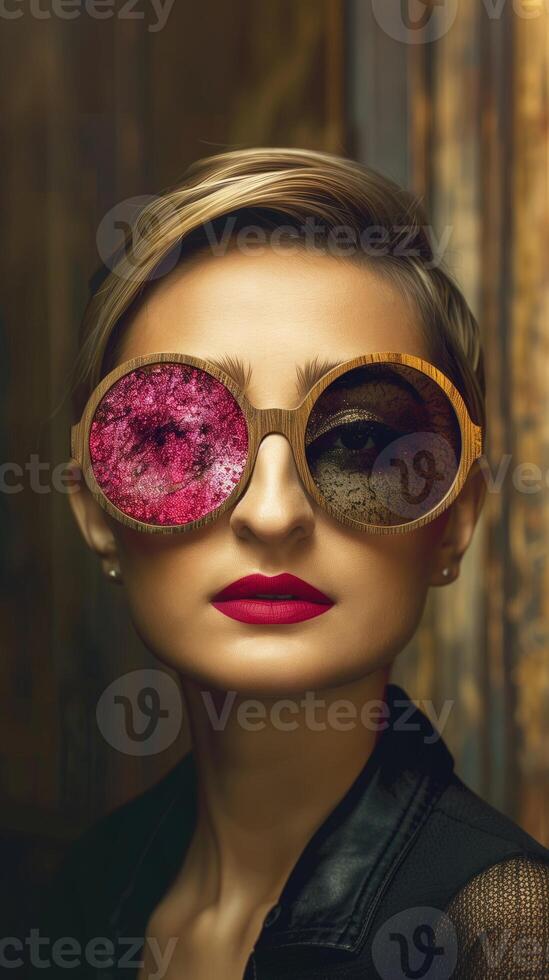 Fashionable and Bold European Model Posing in Vibrant Sunglasses and Accessories photo