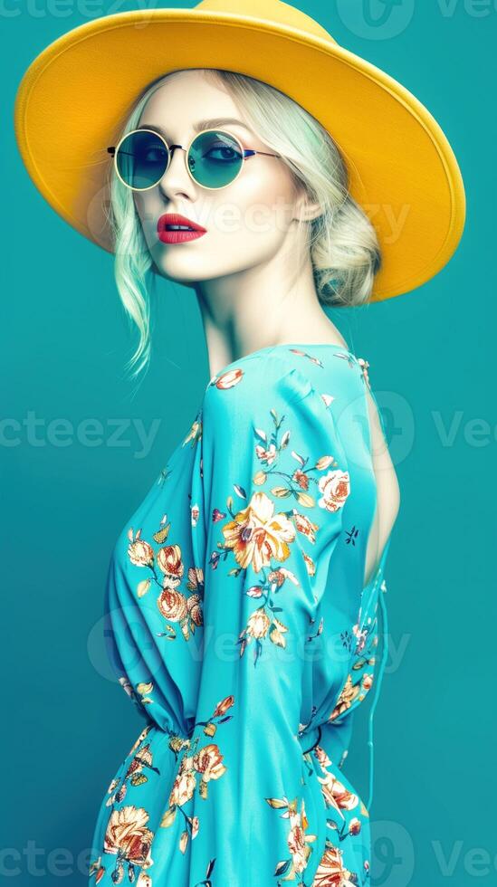 Glamorous Fashionable Woman in Floral Dress and Sunglasses Posing in Studio Setting photo
