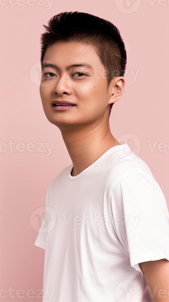 Confident Young Asian Man Smiling in Casual White Outfit on Light Background photo