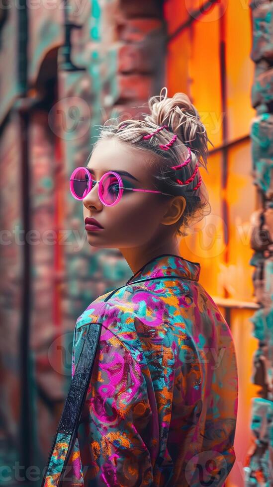 Stylish European Woman Posing Confidently in Vibrant Urban Setting photo
