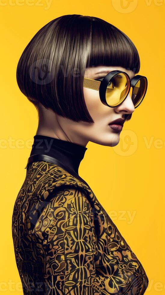 Avant Garde Fashion Model in Striking Monochrome Attire and Eyewear photo