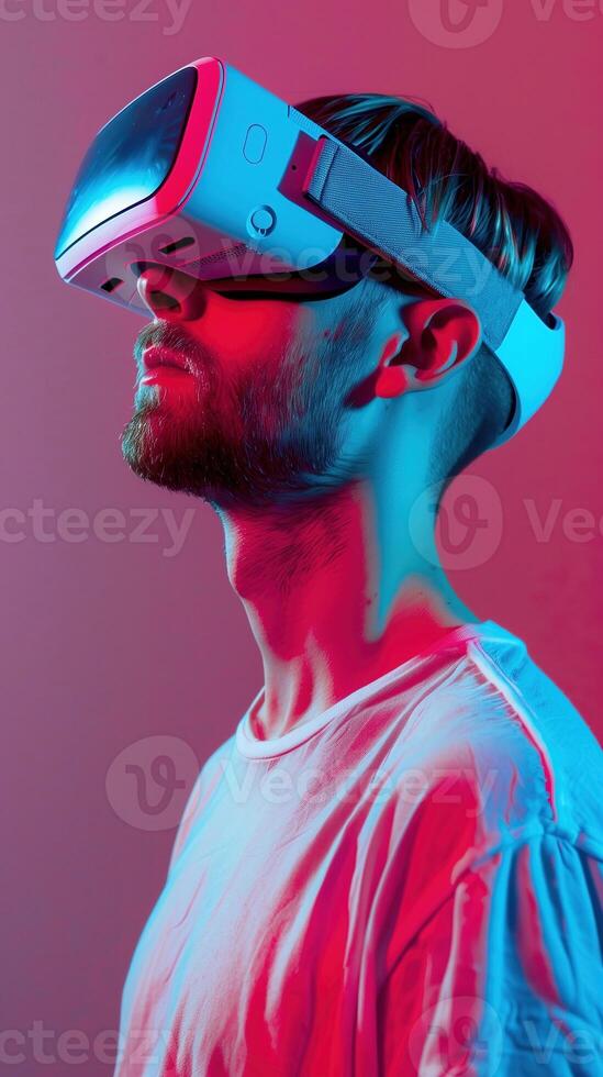 Bearded man experiencing cutting edge virtual reality technology in futuristic studio setting photo