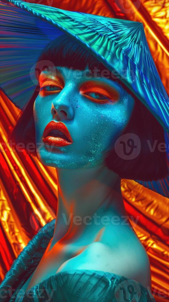 Mesmerizing Futuristic Portrait of Alluring Female Model in Dramatic Studio Lighting photo