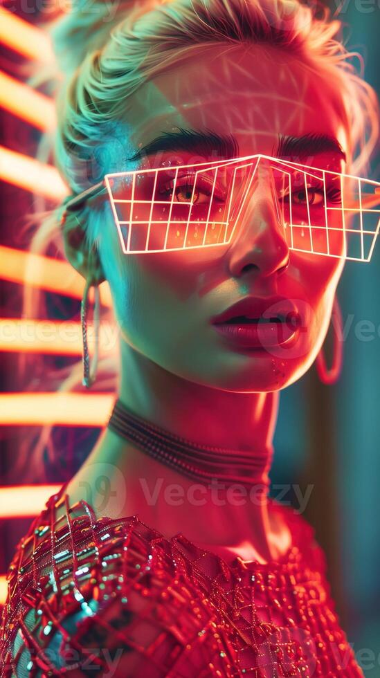 futurista Moda retrato de un elegante mujer con vibrante neón Encendiendo foto