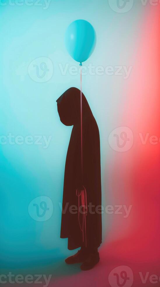 Hooded figure silhouette floating with a blue balloon in a minimalist surreal scene photo