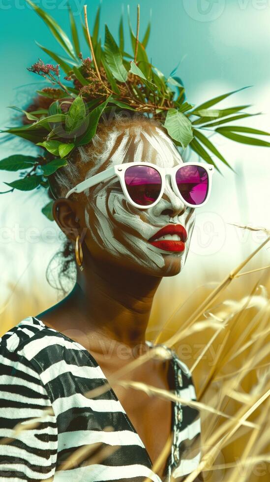 Vibrant and African Inspired Portrait with Tropical Foliage Headpiece and Colorful Accessories photo