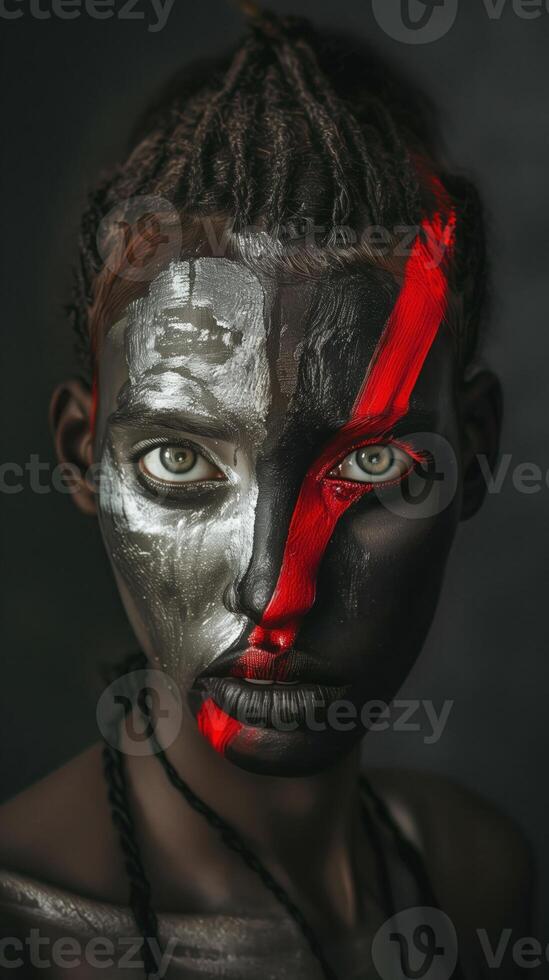 Surreal Digital Portrait of a Mysterious Dark Skinned Woman with Bold Makeup and Intense Gaze photo