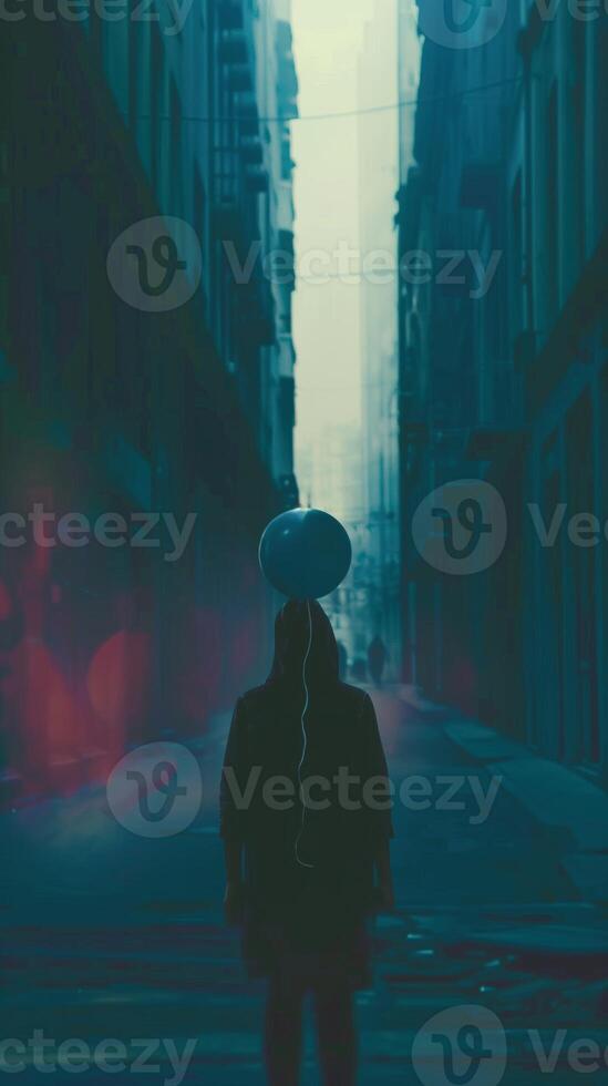 Solitary Silhouette Navigating the Ethereal Cityscape photo