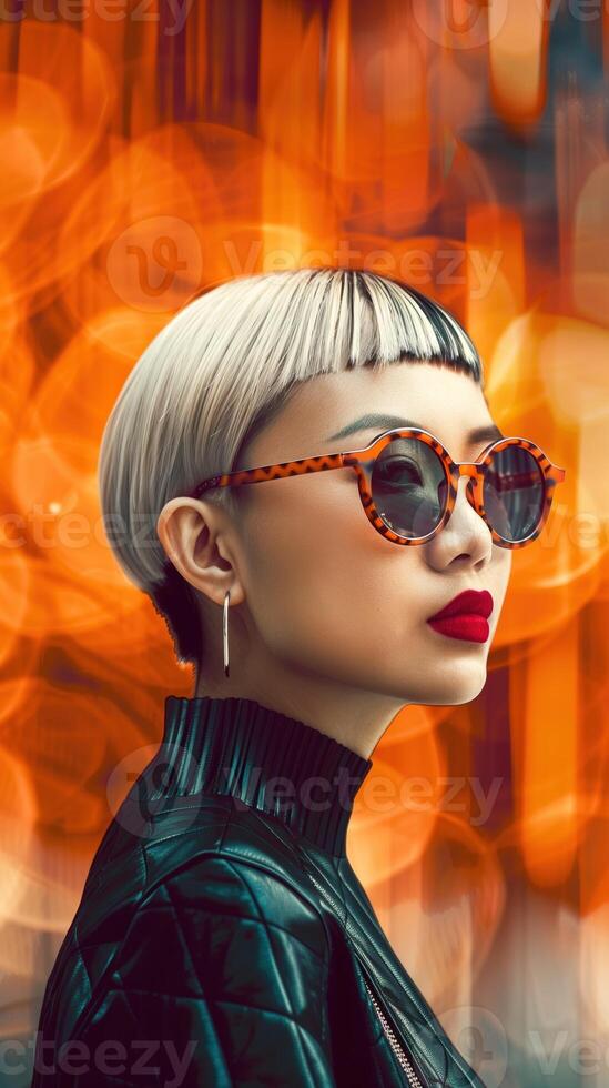 Stylish Asian Woman in Futuristic Fashion Photoshoot with Dramatic Lighting and Bold Colors photo