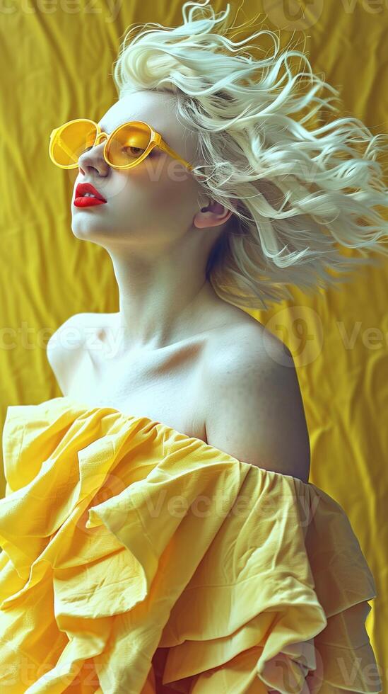 Captivating Blonde Beauty In Vibrant Yellow Dress And Sunglasses photo