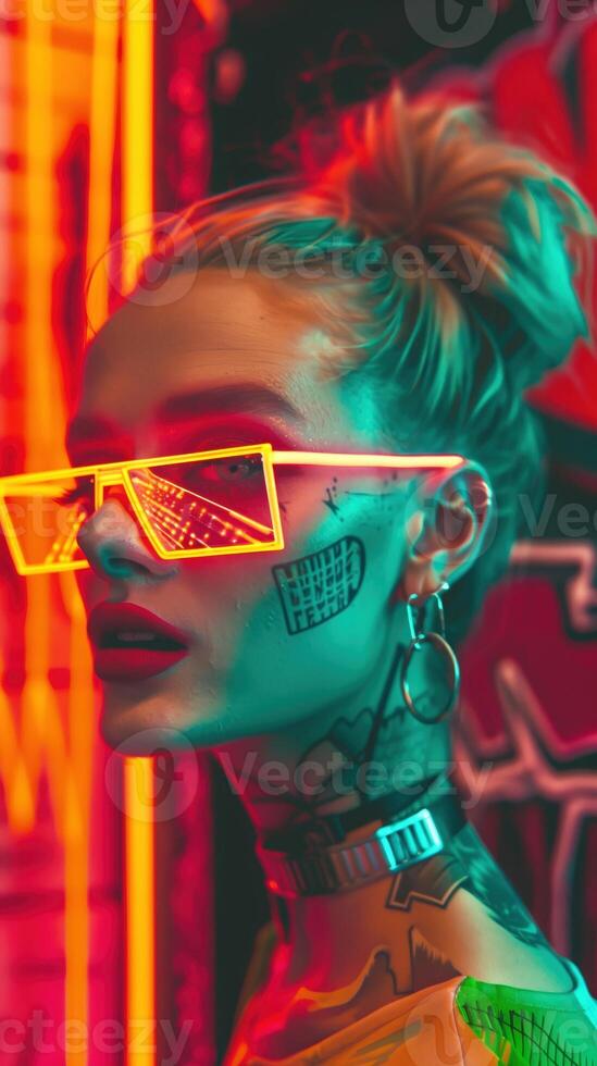 Captivating Neon Hued Portrait of a Futuristic and Fashionable Woman with Striking Eyewear and photo