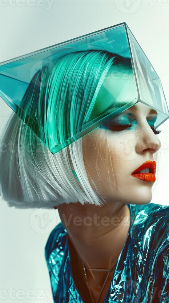Vibrant Futuristic Fashion Portrait of Mesmerizing Glowing Woman with Sleek Geometric Hairstyle photo