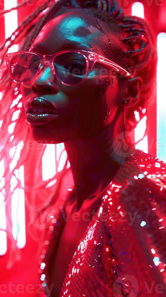 Striking Stylized Portrait of a Dark Skinned Woman in Vibrant Red and Teal Hues photo