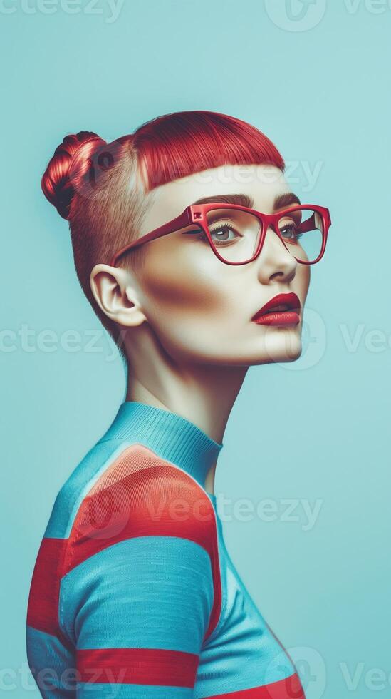 Captivating Redheaded Model in Colorful Vintage Inspired Fashion Poses in Studio photo