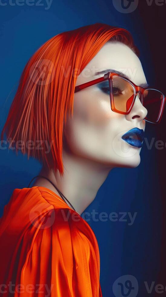 Striking Portrait of a Captivating Redhead in Bold Makeup and Vibrant Colors photo