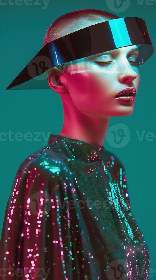 Mesmerizing Futuristic Fashion Portrait of Glamorous Woman in Vibrant Makeup and Headpiece photo