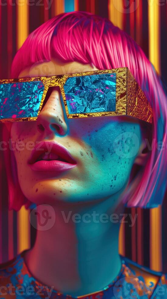 Striking and Futuristic Digital Art Portrait with Vibrant Neon Colors and Bold Geometric Patterns photo