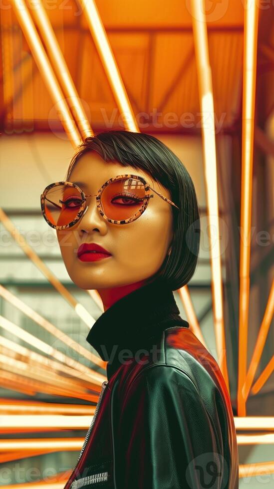 Stylish Asian Woman with Futuristic Sunglasses in Vibrant Lighting photo