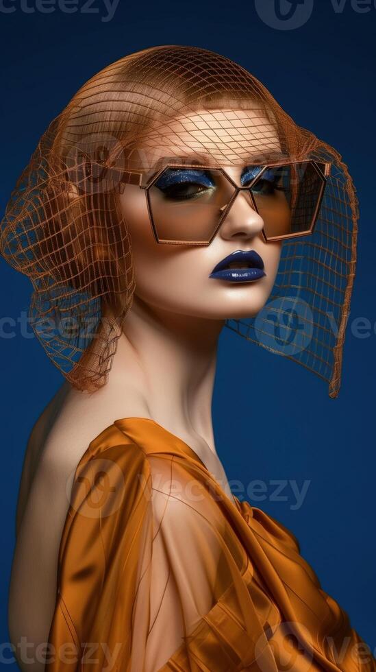 Captivating Futuristic Fashion Portrait of a Sophisticated Woman with Unique Headpiece and Vibrant photo