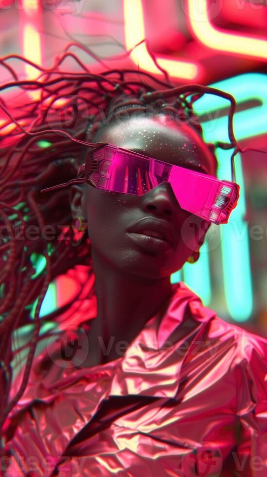 Captivating Futuristic Portrait of a Stylish Dark Skinned Woman in Vibrant Neon Lighting photo