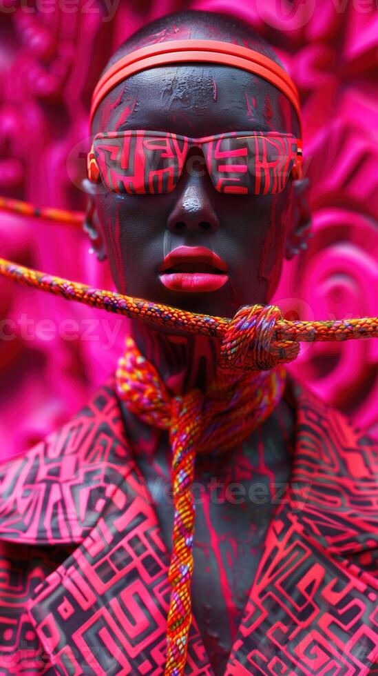 Vibrant Tribal Portrait of an Indigenous African Man in Colorful Ceremonial Costume and Face Paint photo