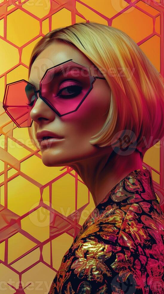 Stylish Blonde Woman in Vibrant Geometric Portrait photo
