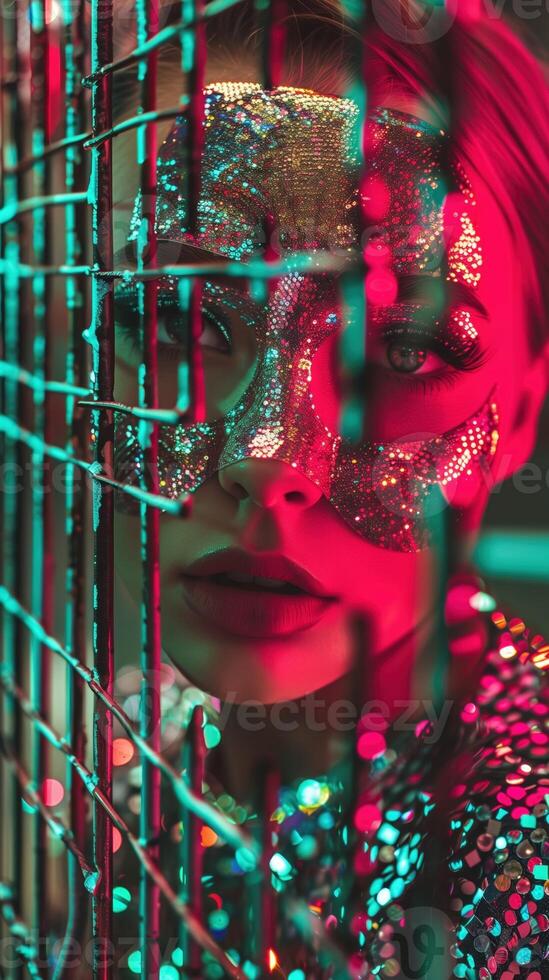 Captivating Close Up Portrait of a Fair Skinned Woman with Vibrant Makeup and Glittering Accents photo