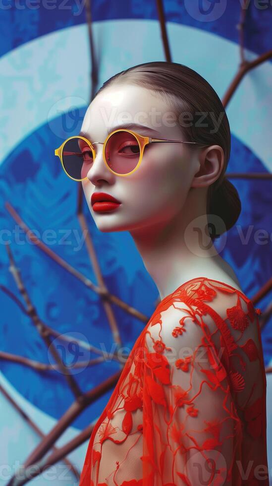 Captivating Cinematic Portrait of Mysterious Fair Skinned Woman in Vibrant Floral Dress and photo