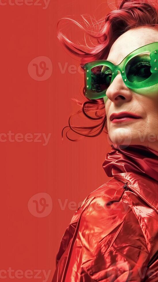 Confident Redhead Woman Wearing Bright Sunglasses and Vibrant Outfit photo