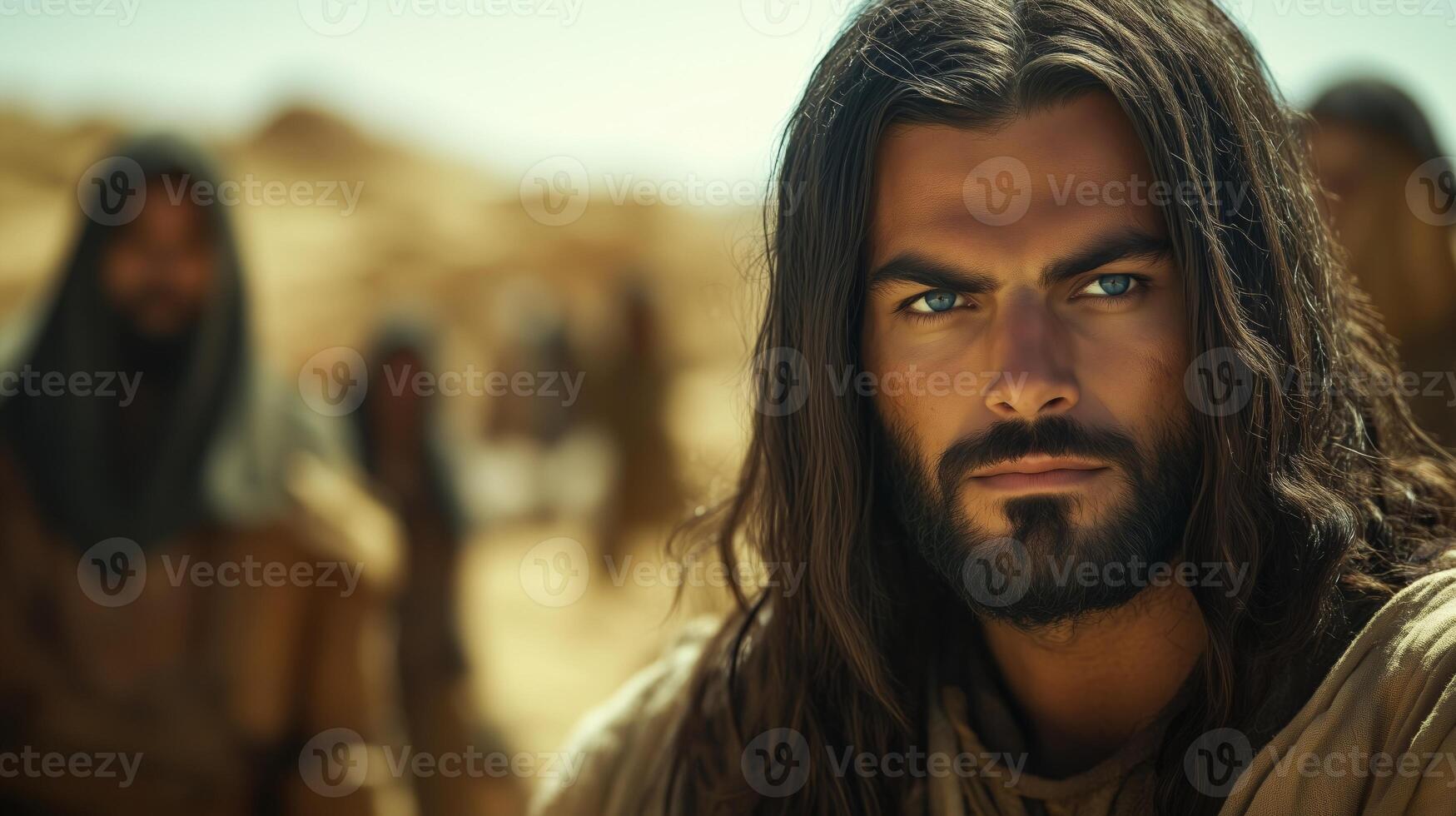 Rugged Adventurer Exploring Vast Desert Landscape with Contemplative Expression photo
