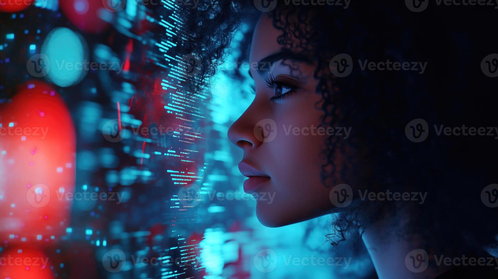 Thoughtful Woman in Futuristic Digital Atmosphere with Neon Lights photo
