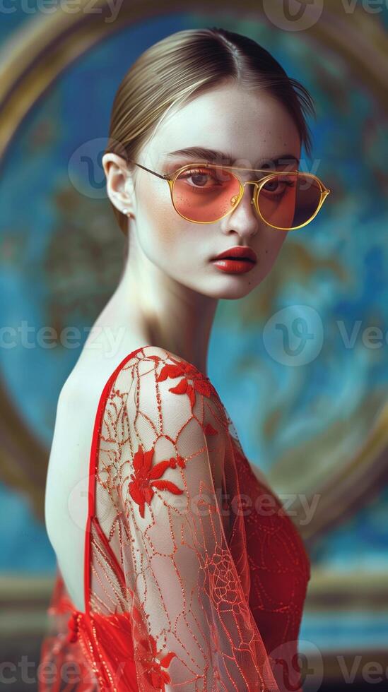 Stunning Fair Skinned Woman in Vibrant Red Apparel Posing Confidently Against Dramatic Backdrop photo