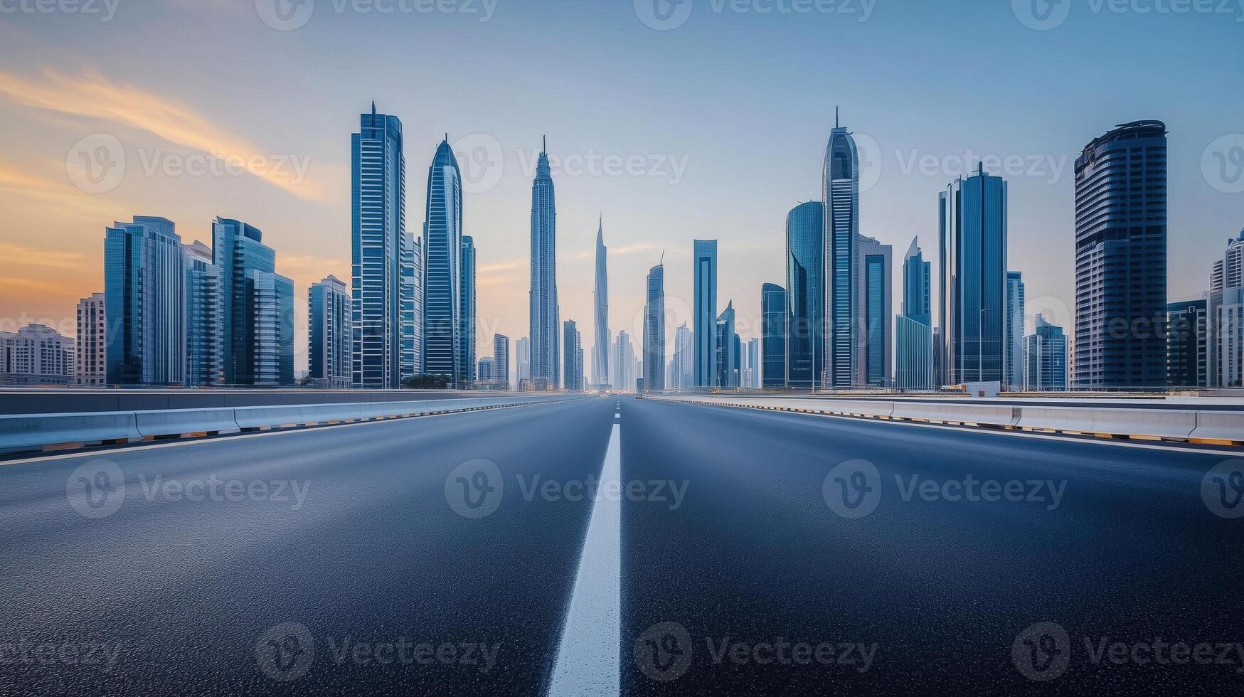 Breathtaking Panoramic View of a Futuristic Metropolis at Dusk with Towering Skyscrapers and photo